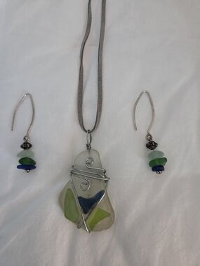 Handcrafted Sea Glass Pendant Necklace and Earrings Set - Green & Blue